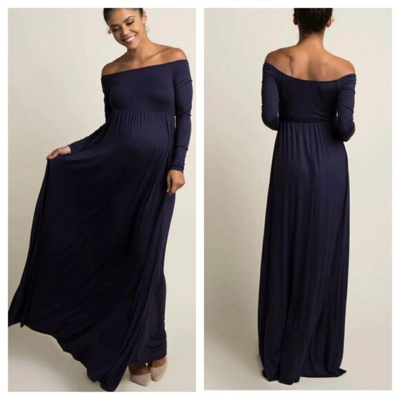 PinkBlush Navy Solid Off Shoulder Maternity Dress - Picture 1 of 5